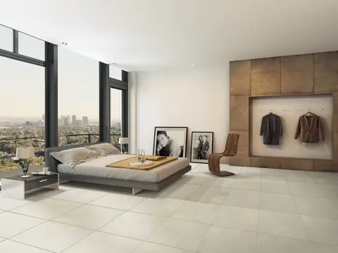 Chambre avec un sol en grès cérame beige issu d’une fin de série